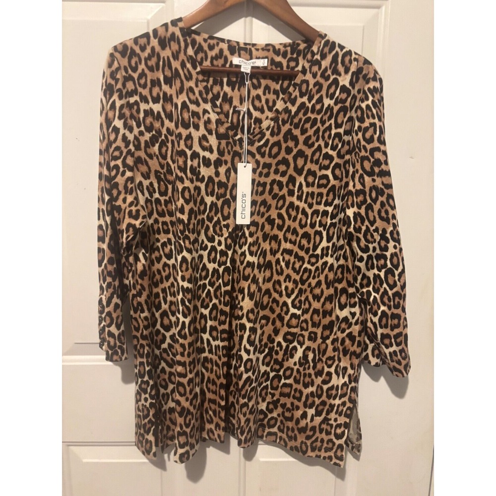 Chico's Top Leopard High Low Tunic 3/4 Sleeve NWT‎ Women Cotton Black Brown XL 3